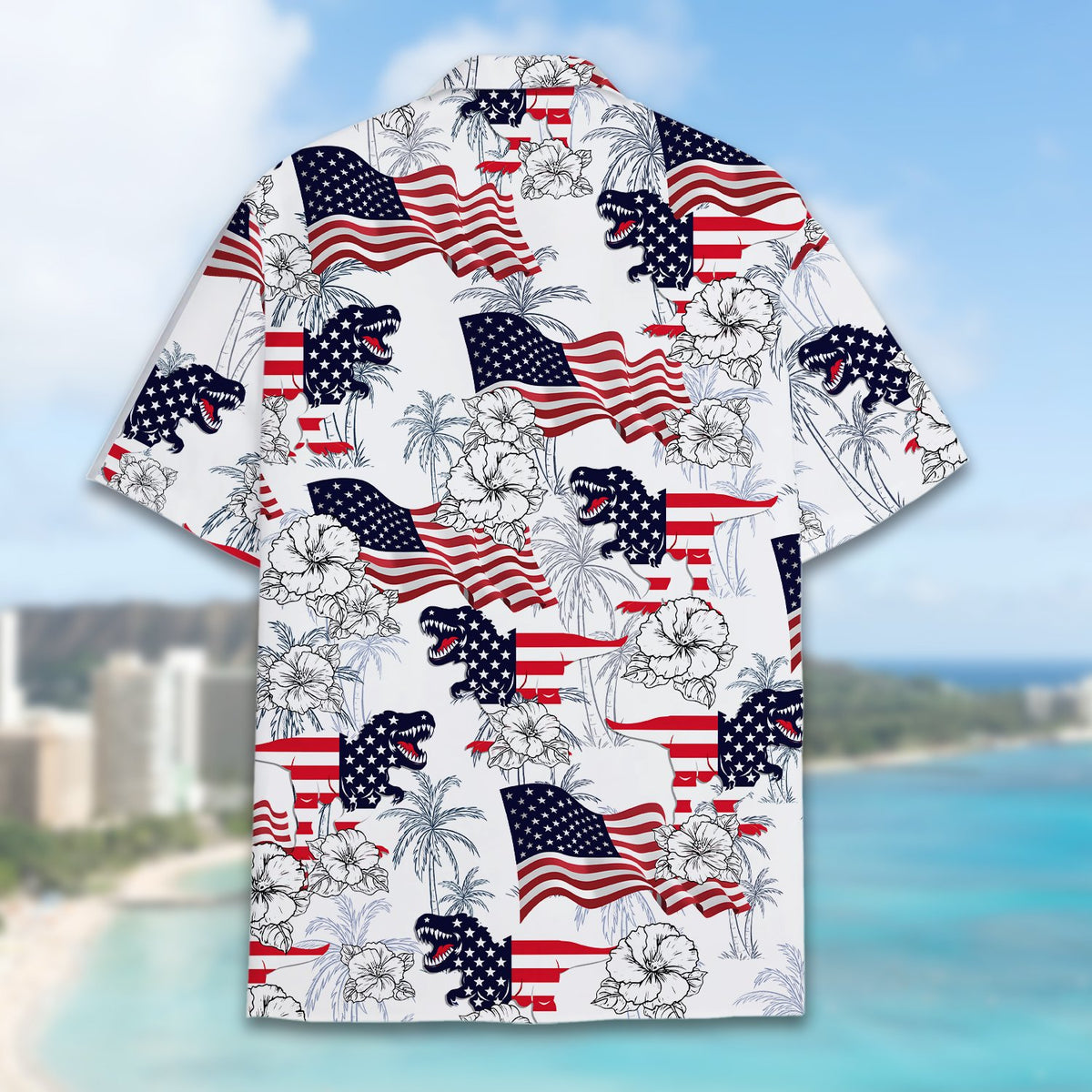 Back view of the matching family Hawaiian shirt with American flag dinosaur pattern