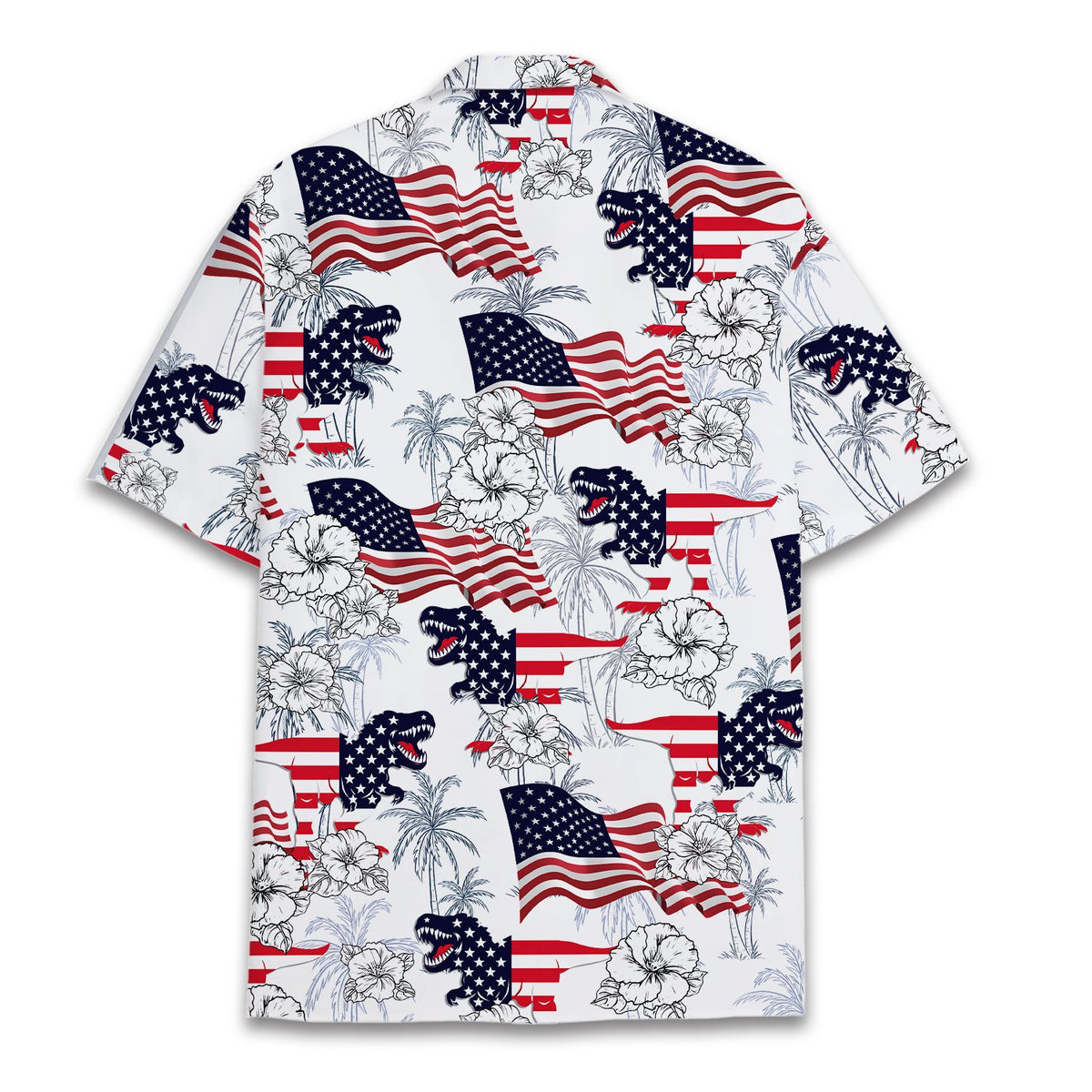 White Fourth of July patriotic dinosaur Hawaiian shirt, back view