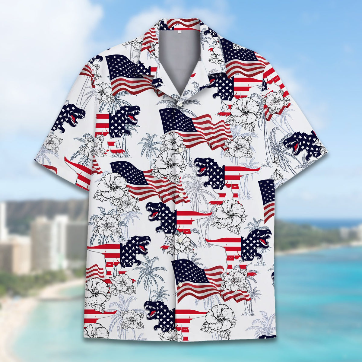 Close up front view of the patriotic dinosaur matching family Hawaiian shirt