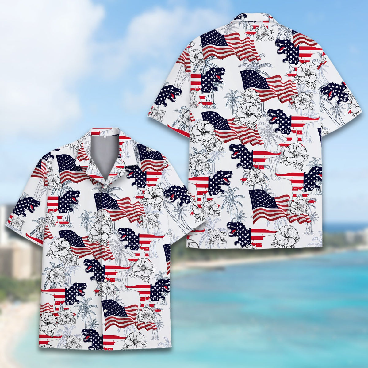 Detail view of the white Fourth of July Hawaiian shirt with T-Rex design