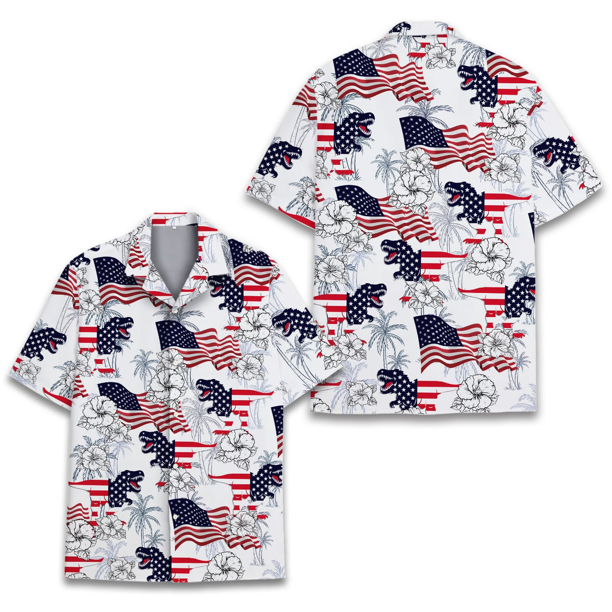 White Fourth of July patriotic dinosaur Hawaiian shirt, front view