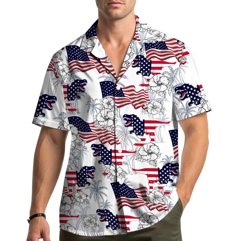 Family celebrating in their Fourth of July patriotic dinosaur Hawaiian shirts