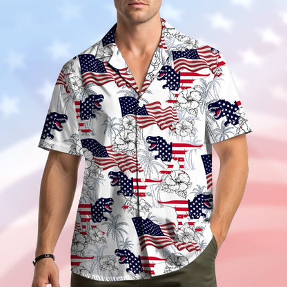 People wearing matching family Hawaiian shirts with patriotic dinosaur design outdoors