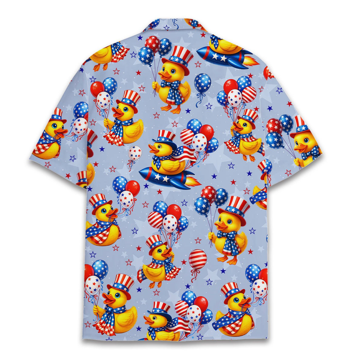 Back view of the patriotic ducks matching family hawaiian shirt