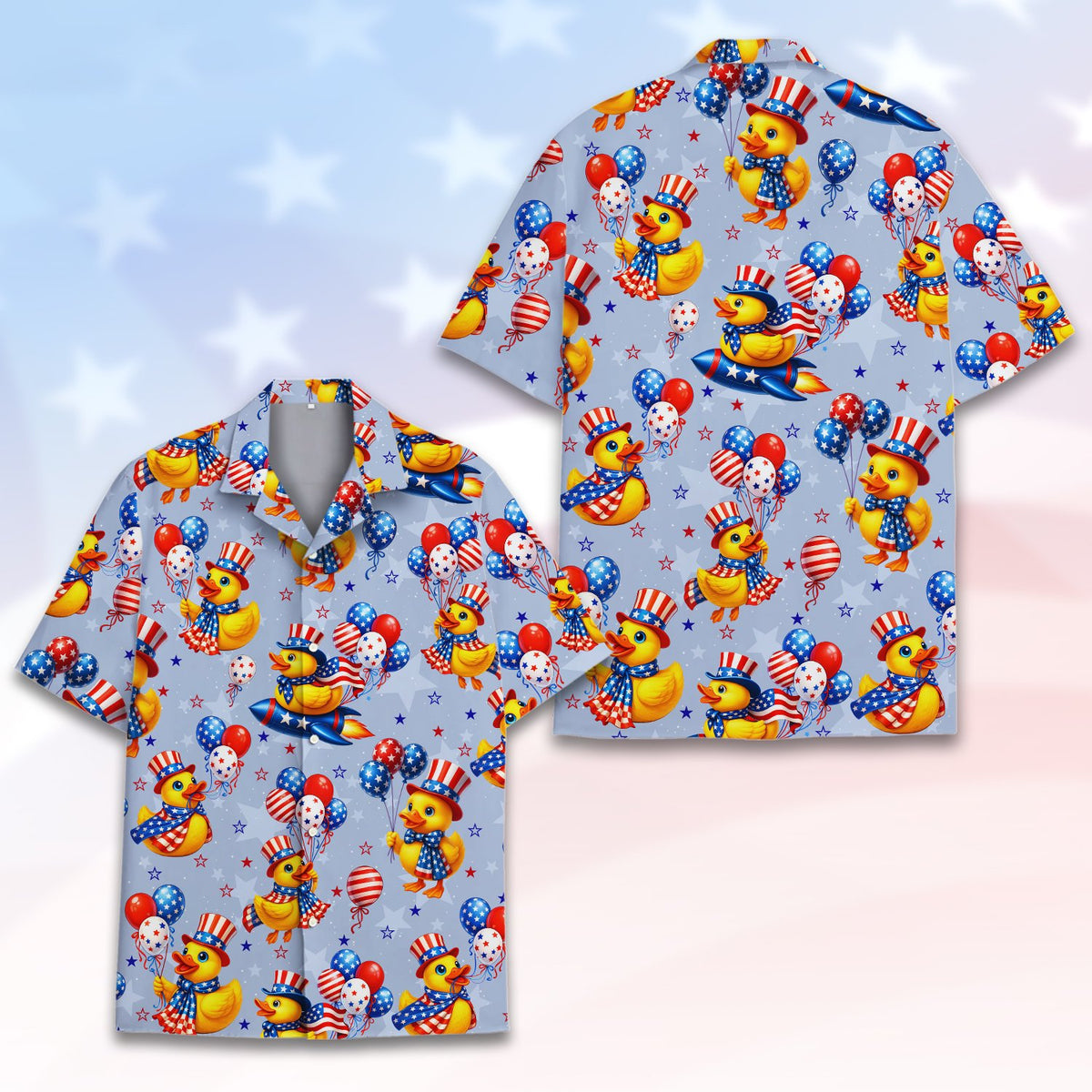 Detailed front view showing patriotic duck pattern on light blue shirt