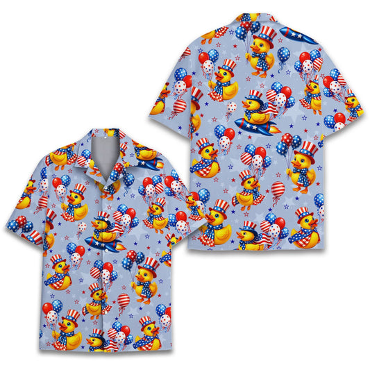 Matching family hawaiian shirt with patriotic ducks on light blue background, main view