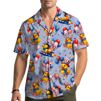 Another lifestyle view showing the fourth of july hawaiian shirt worn outdoors