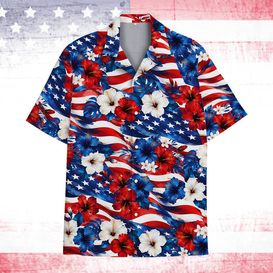 Main view of the fourth of july / patriotic floral hawaiian shirt