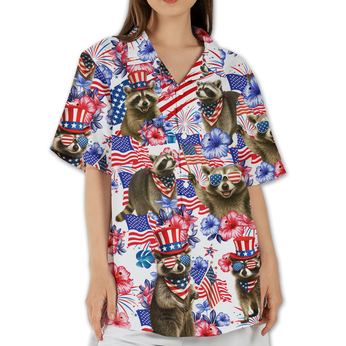 Matching family Hawaiian shirts featuring patriotic raccoons and fireworks, main view