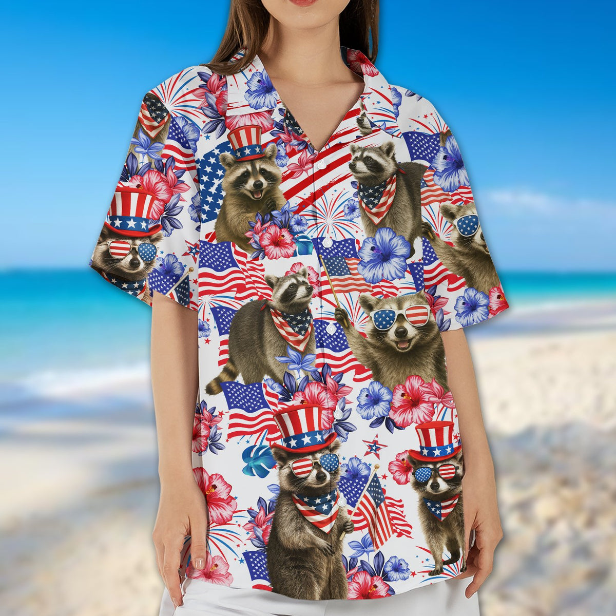 Family in matching Hawaiian shirts for Fourth of July, lifestyle view two