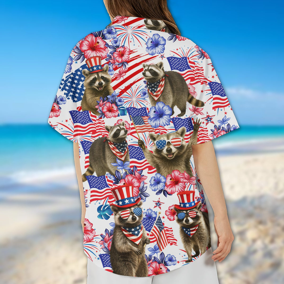 Close-up lifestyle view of Fourth of July patriotic Hawaiian shirt with raccoon design