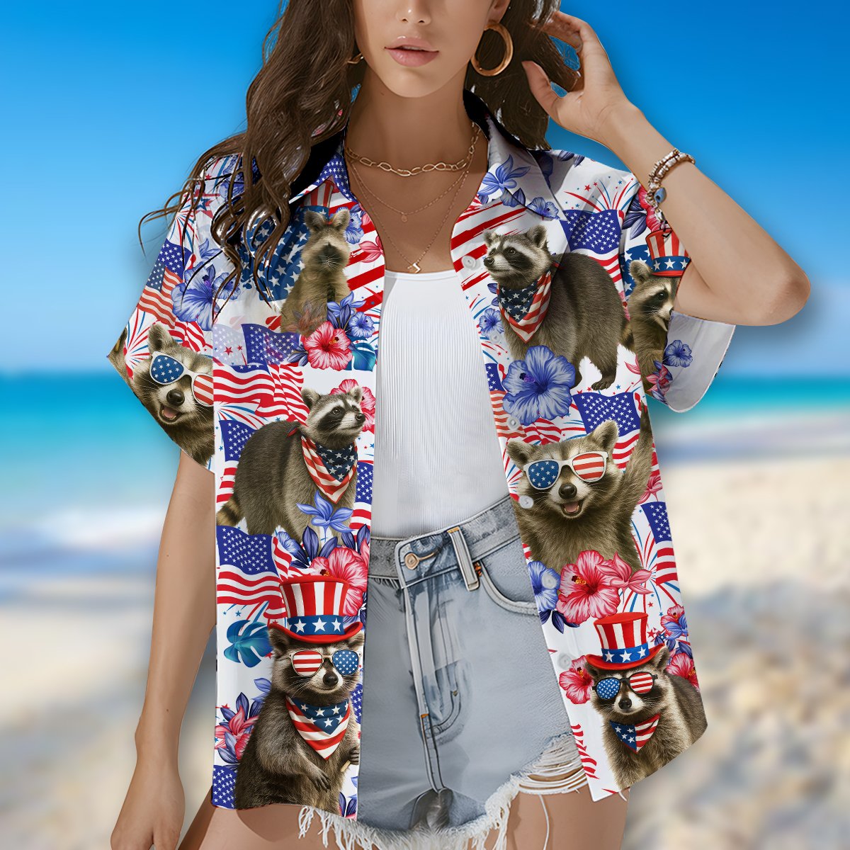 People wearing matching family Hawaiian shirts with patriotic raccoon print, lifestyle view