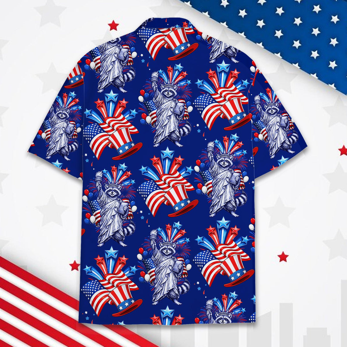 Detailed back view showing the patriotic raccoons pattern