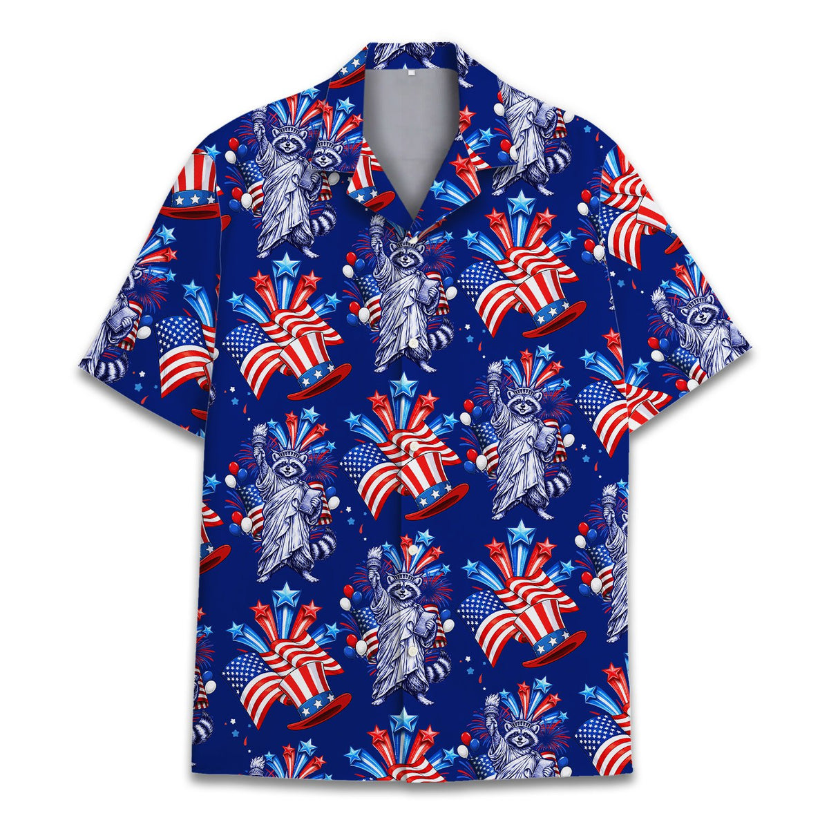 Detailed front view of the patriotic raccoon and Statue of Liberty design