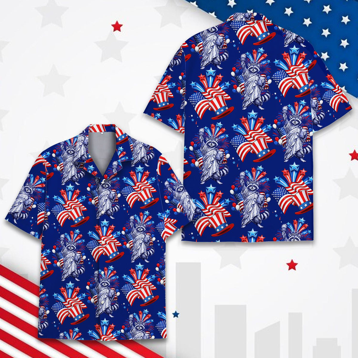 Flat lay front view of the navy blue Fourth of July shirt