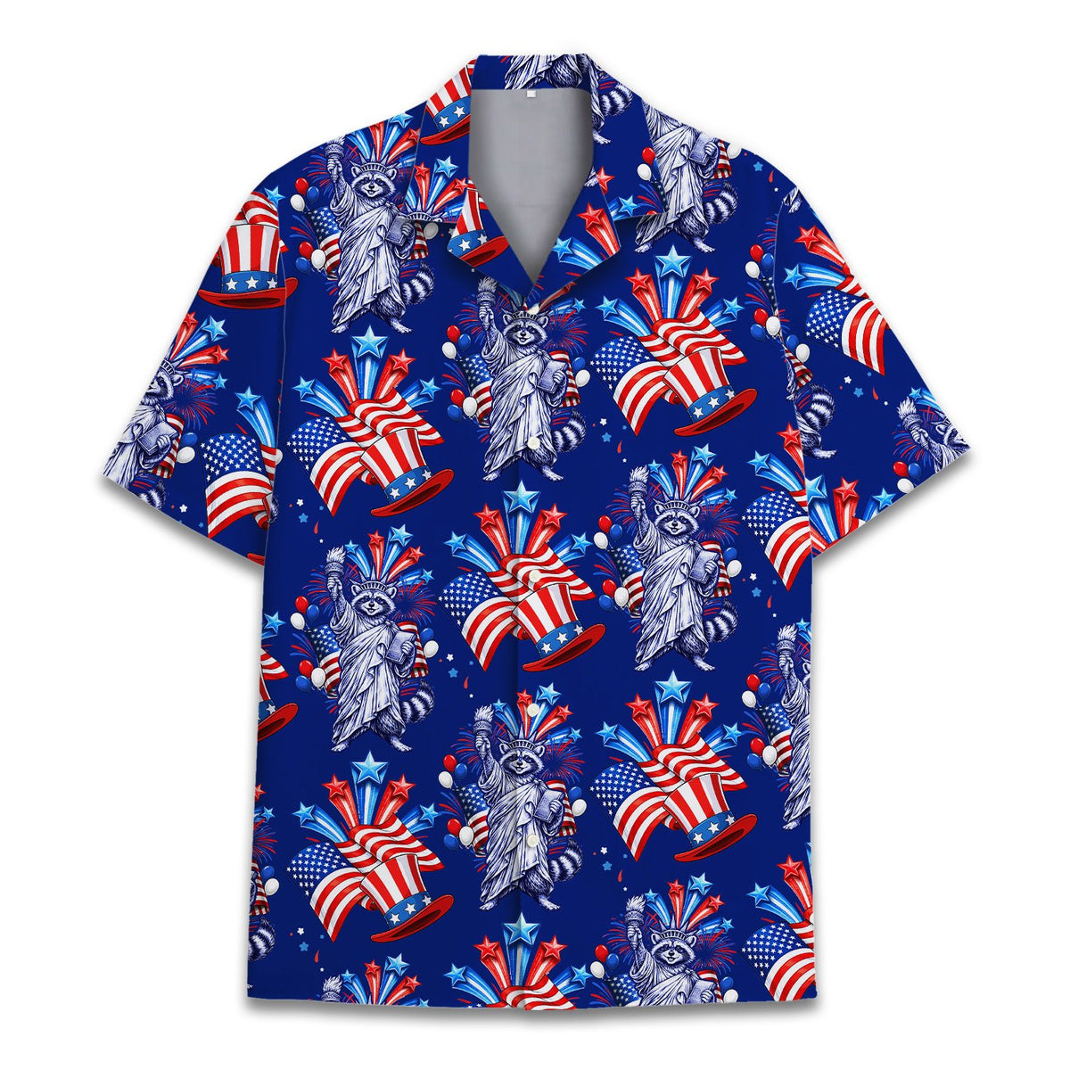 Front angle of the patriotic raccoons Hawaiian shirt