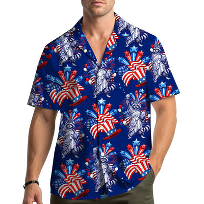 People wearing the matching family Hawaiian shirts with Fourth of July patriotic raccoons design