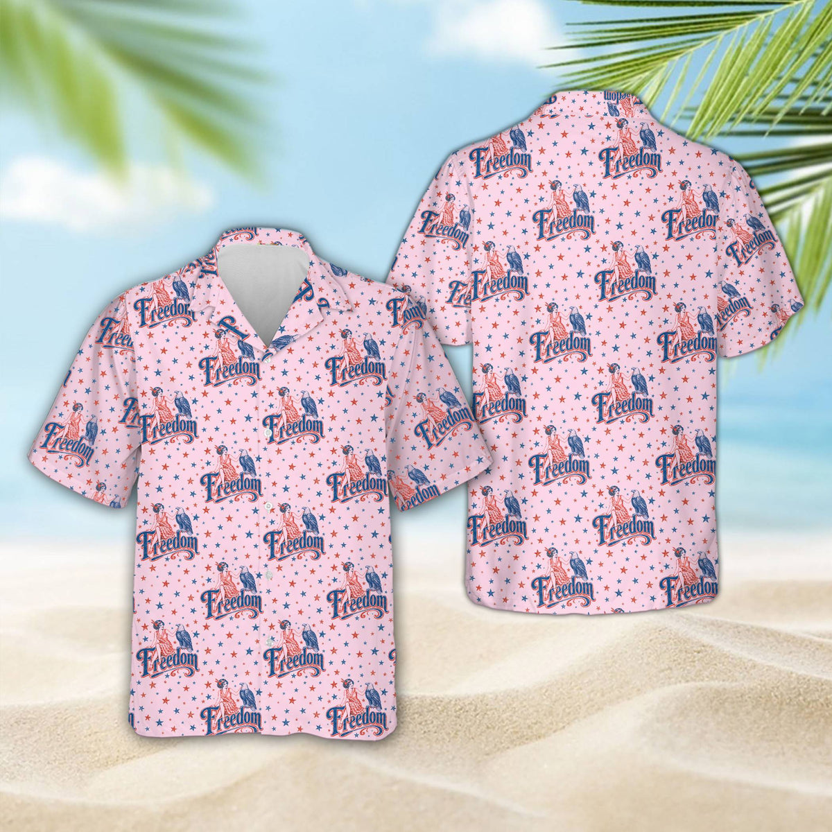 Pink fourth of july hawaiian shirt, front view