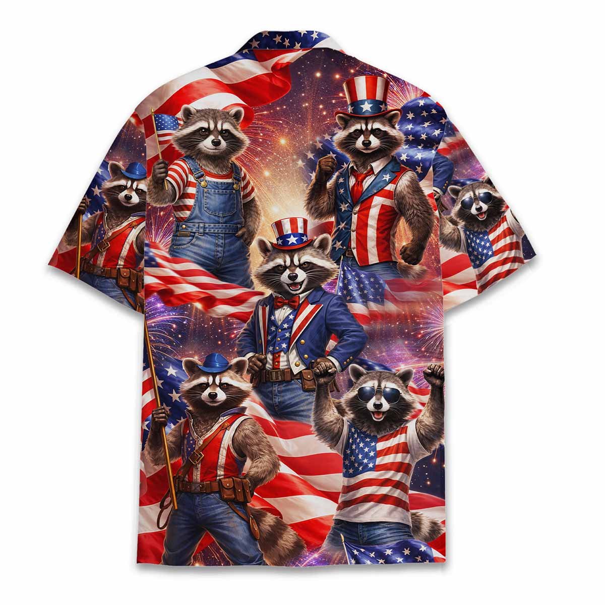 Fourth of july raccoons hawaiian shirt back view