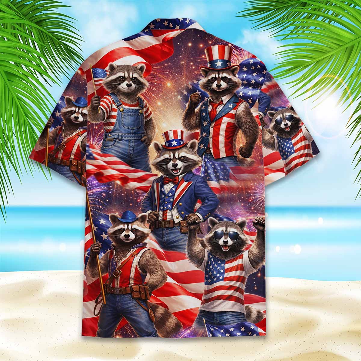 Close up lifestyle view of the patriotic raccoon hawaiian shirt