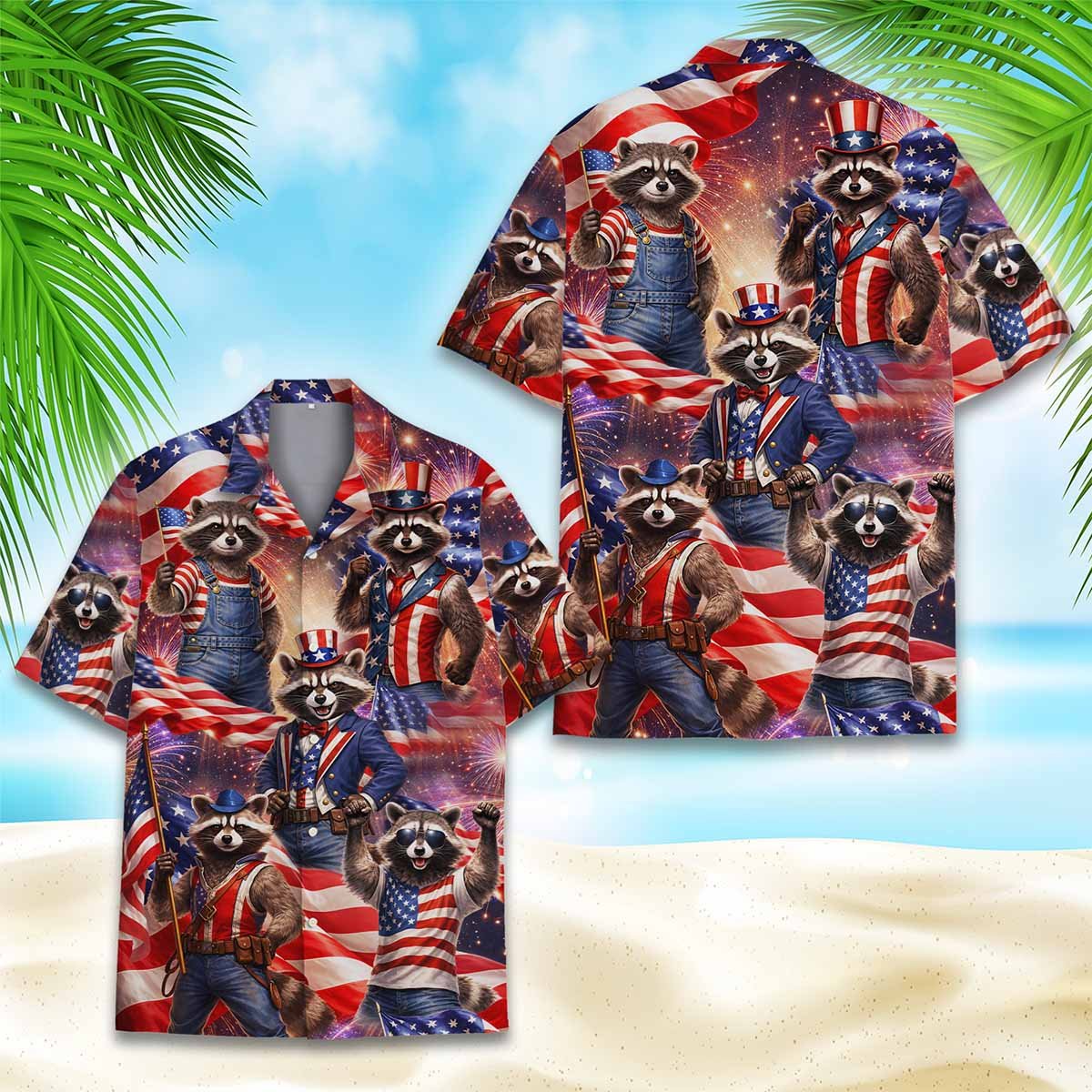 Another lifestyle view showing the fourth of july raccoons hawaiian shirt