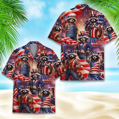 Another lifestyle view showing the fourth of july raccoons hawaiian shirt