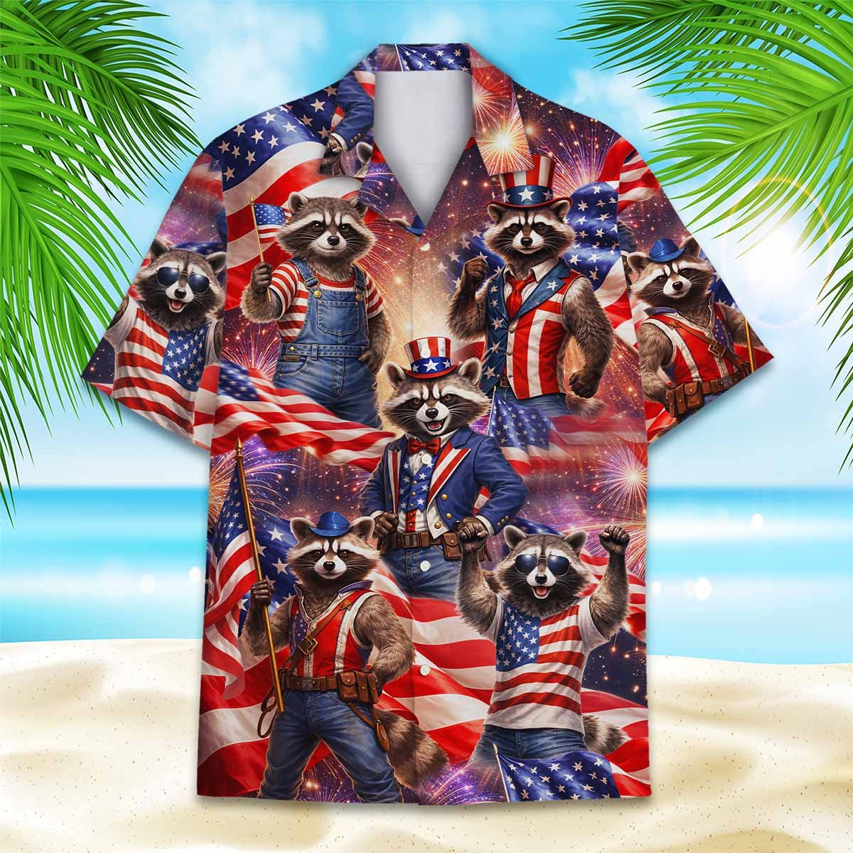 Lifestyle view of people wearing matching family hawaiian shirts with raccoons