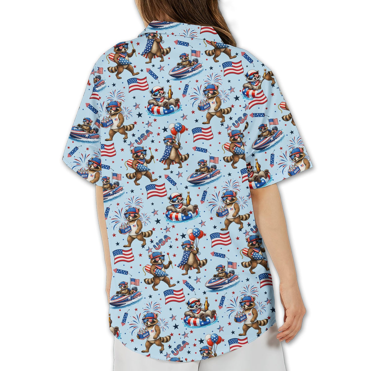 Back view of the matching family hawaiian shirt featuring patriotic raccoons and fireworks