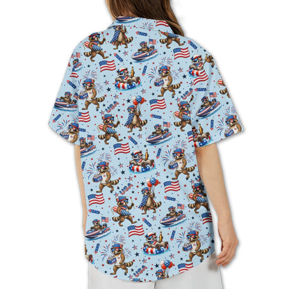 Back view of the matching family hawaiian shirt featuring patriotic raccoons and fireworks