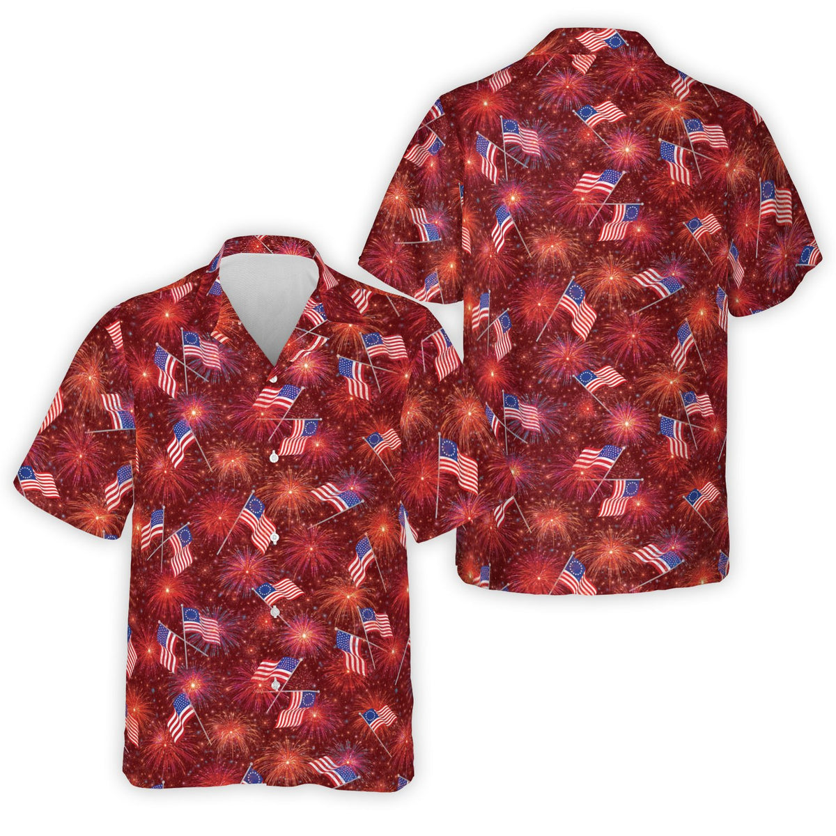 Red holiday hawaiian shirt featuring bursting fireworks and historical flags