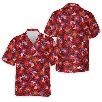 Red holiday hawaiian shirt featuring bursting fireworks and historical flags