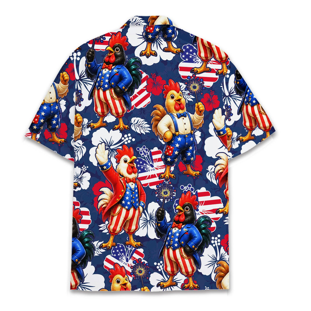 Back view of the fourth of july roosters hawaiian shirt