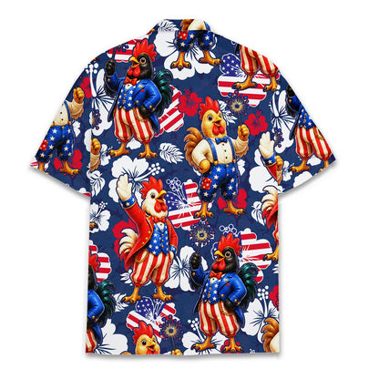 Back view of the fourth of july roosters hawaiian shirt