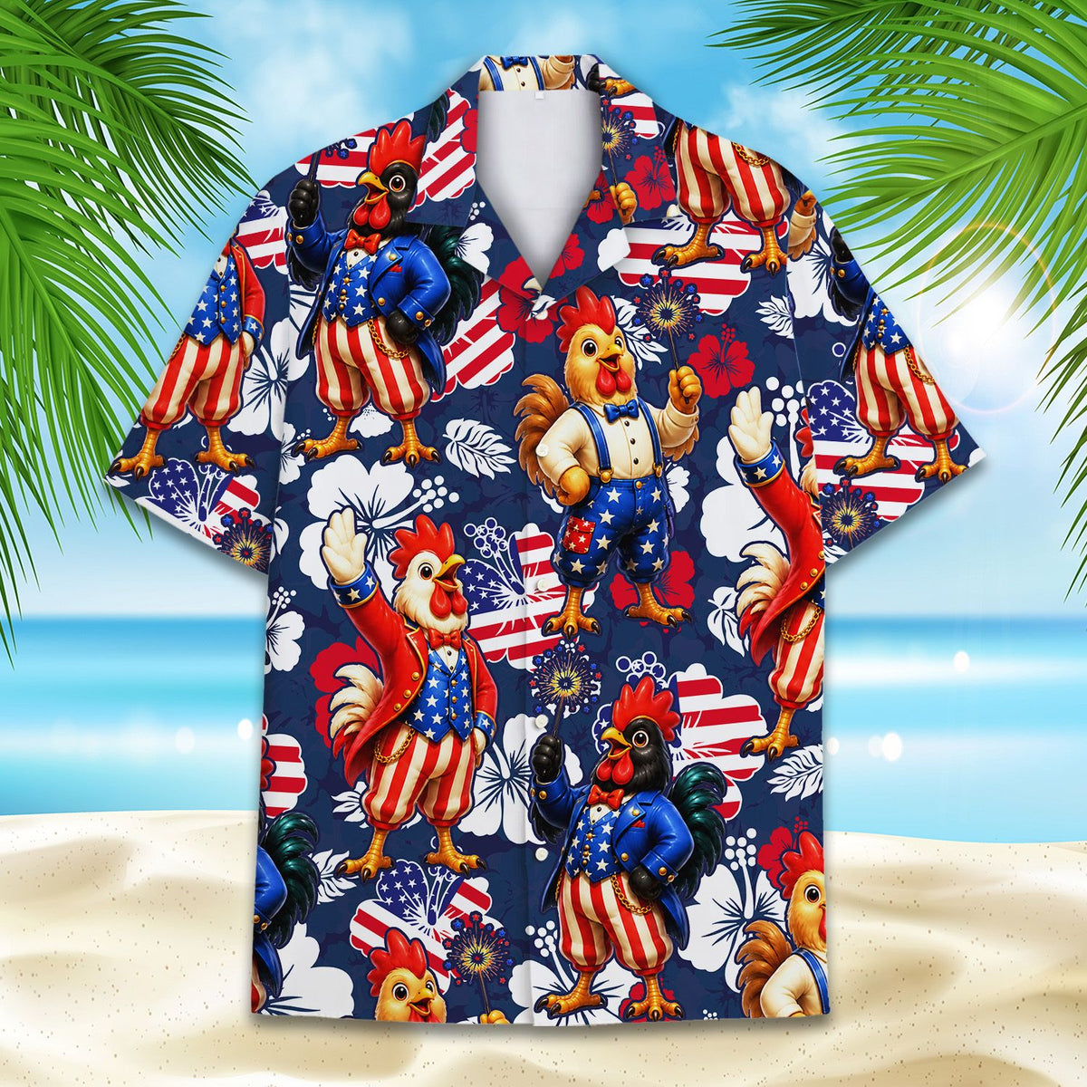 Close up front view of the patriotic rooster design on the hawaiian shirt