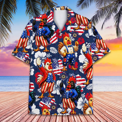 Detailed front view of the red, white, and navy floral hawaiian shirt