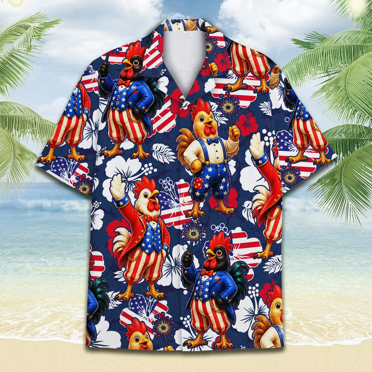 Matching family hawaiian shirts with fourth of july roosters on navy background, main view