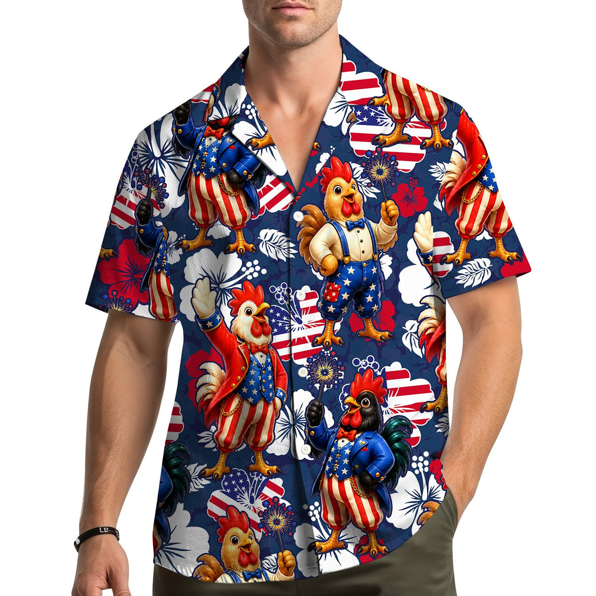 Family wearing matching family hawaiian shirts outdoors