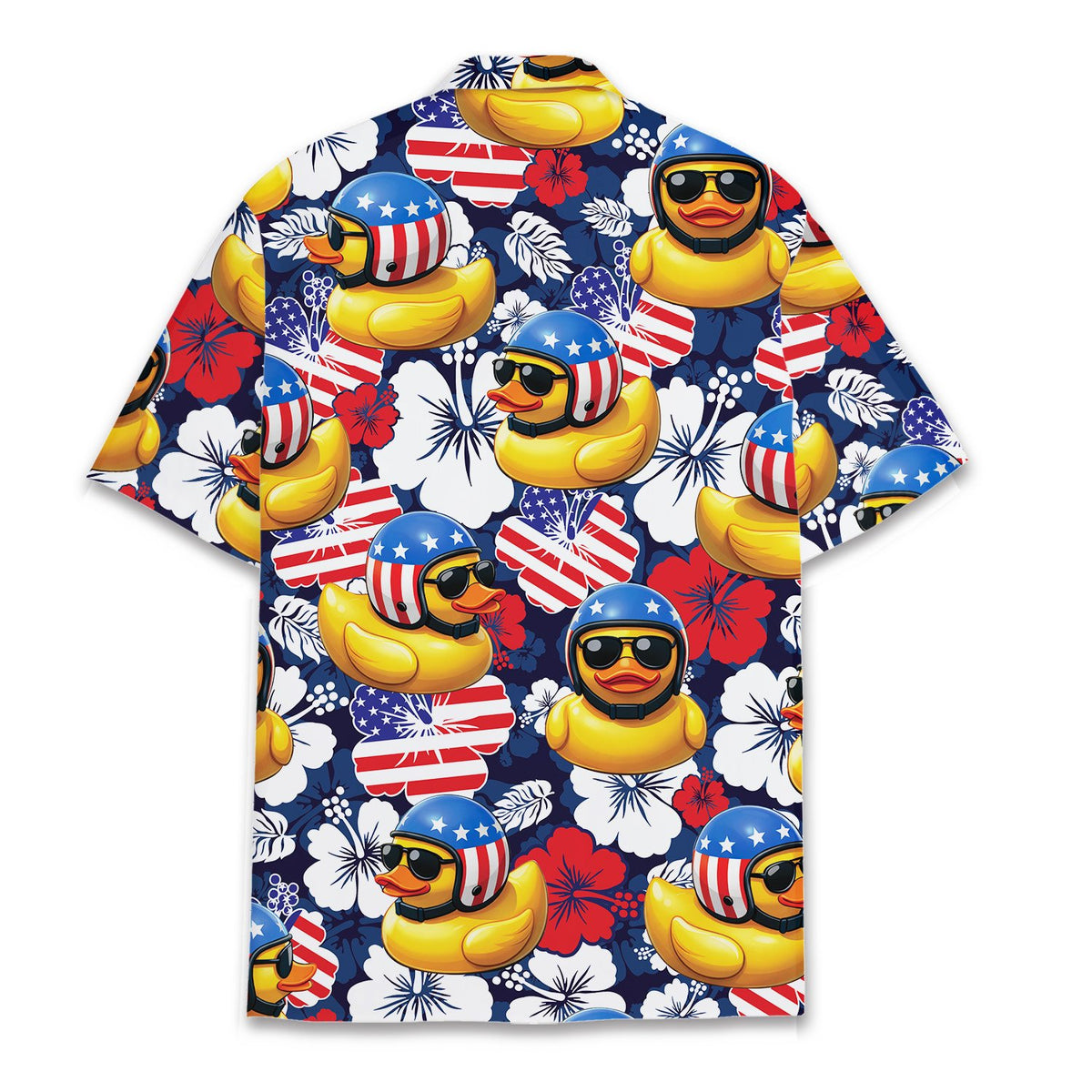 Matching family Hawaiian shirt with patriotic yellow duck design on navy background, back view