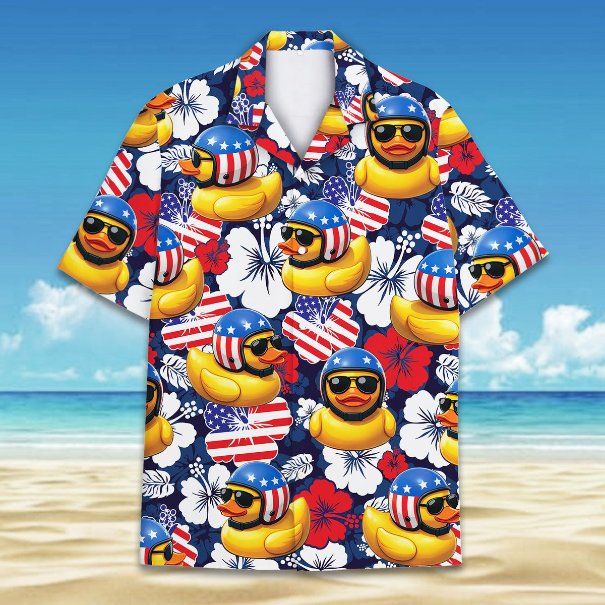 Matching family Hawaiian shirt with patriotic yellow duck design on navy background, front detailed view