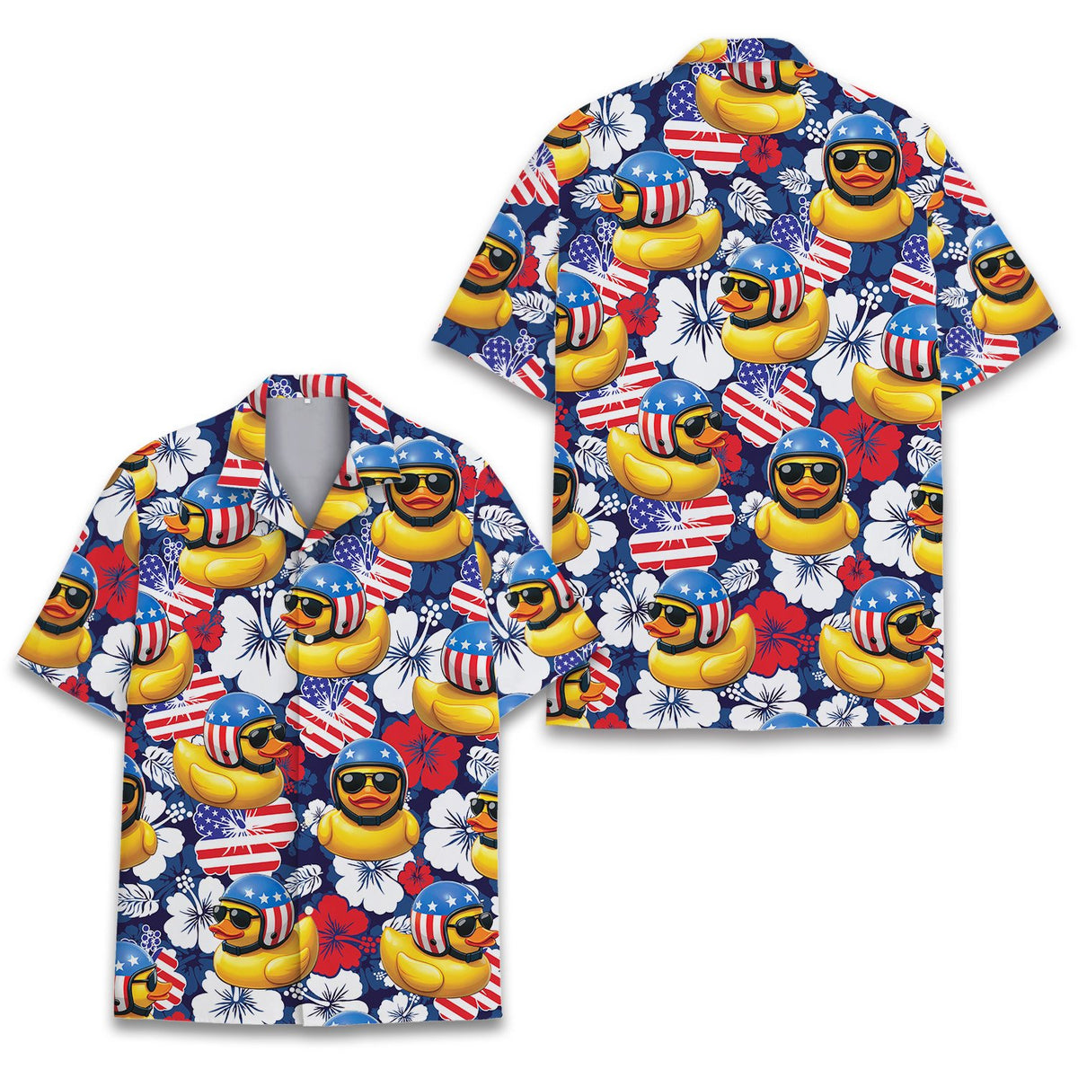 Matching family Hawaiian shirt with patriotic yellow duck design on navy background, front styled view