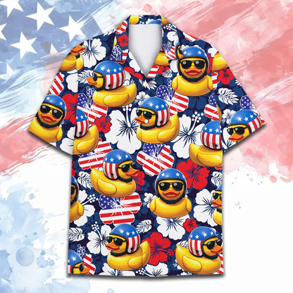 Matching family Hawaiian shirt with patriotic yellow duck design on navy background, main view
