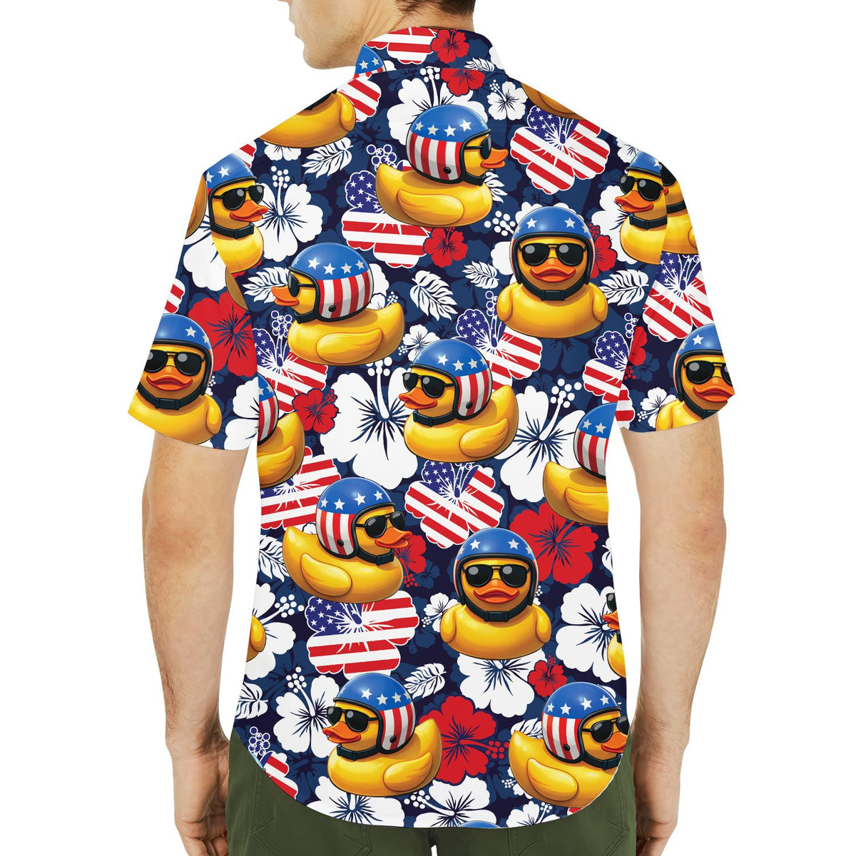 Matching family Hawaiian shirt with patriotic yellow duck design on navy background, lifestyle alternate view