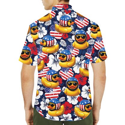 Matching family Hawaiian shirt with patriotic yellow duck design on navy background, lifestyle alternate view