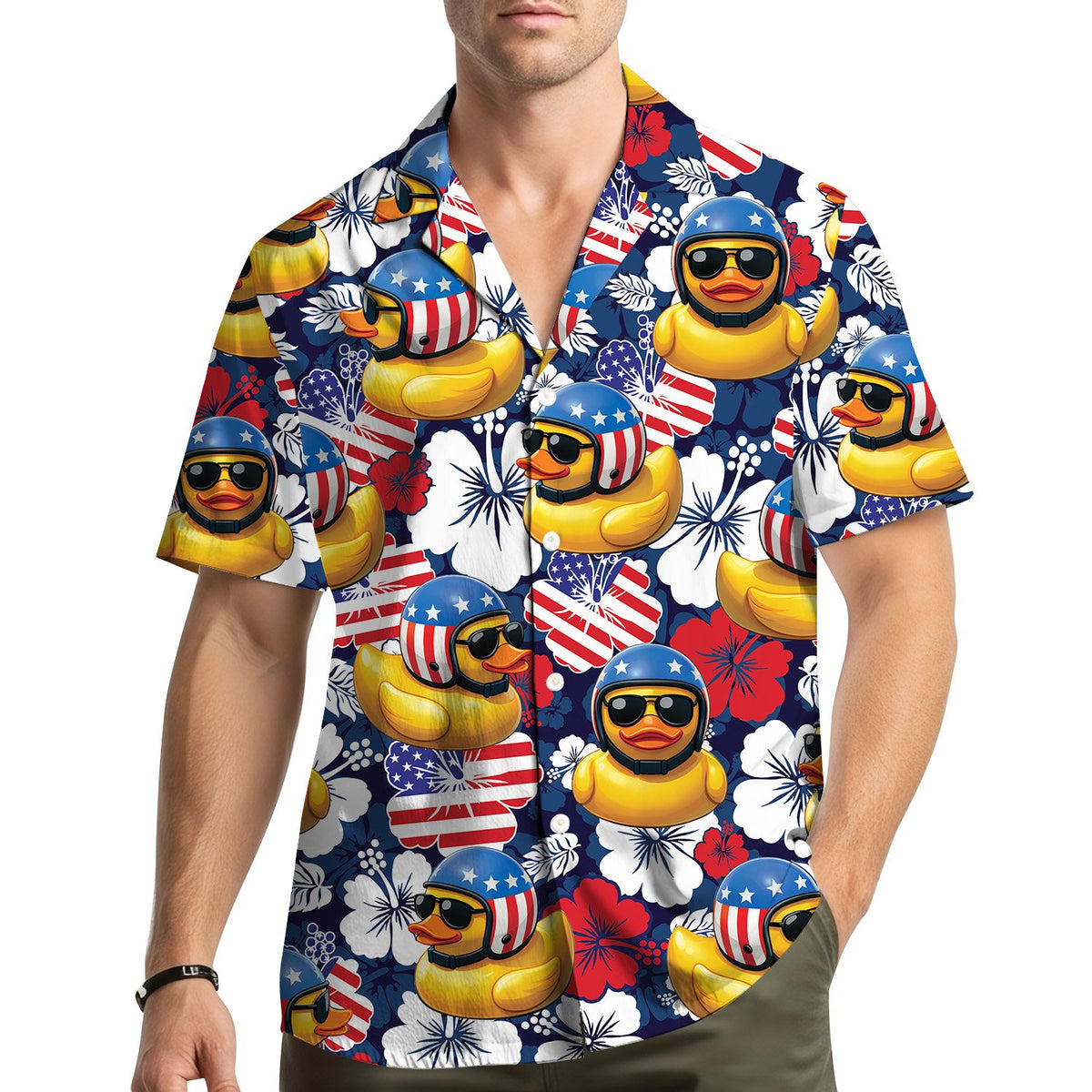 Matching family Hawaiian shirt with patriotic yellow duck design on navy background, lifestyle view