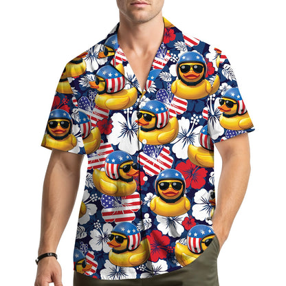 Matching family Hawaiian shirt with patriotic yellow duck design on navy background, lifestyle view