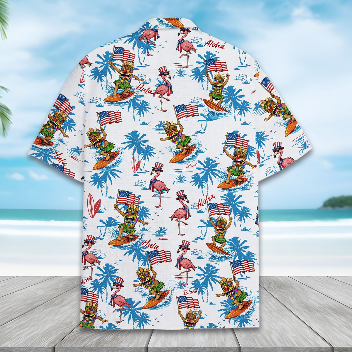 Detail of the back pattern on the patriotic hawaiian shirt
