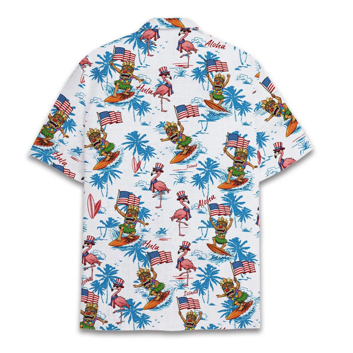 Back view of the fourth of july tiki and flamingo hawaiian shirt
