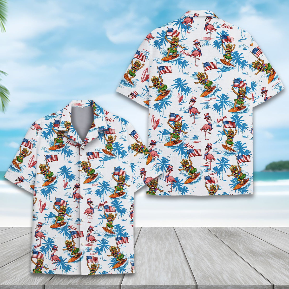 Alternate front view of the holiday hawaiian shirt with palm trees and ocean waves