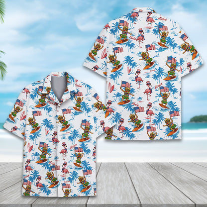 Alternate front view of the holiday hawaiian shirt with palm trees and ocean waves