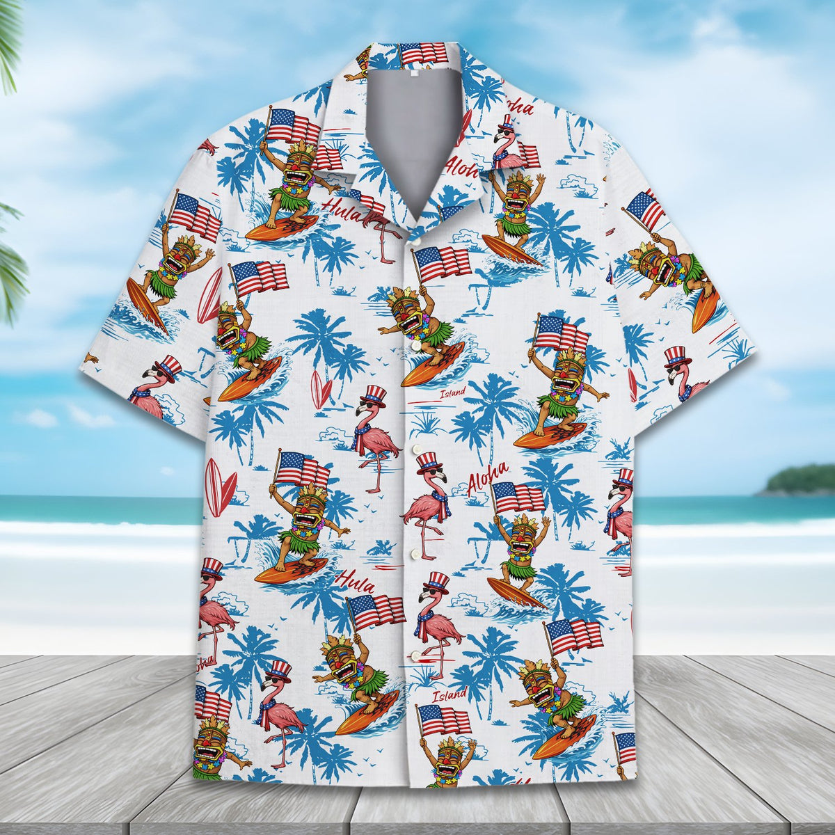 Close up front view showcasing the surfing tiki and flamingo design
